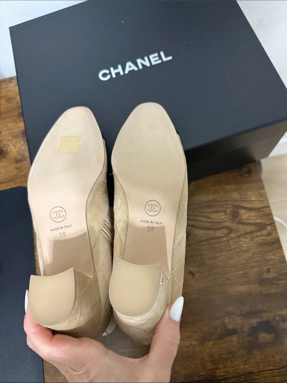 CHANEL Beige Quilted Ankle Boots with Black Cap Toe